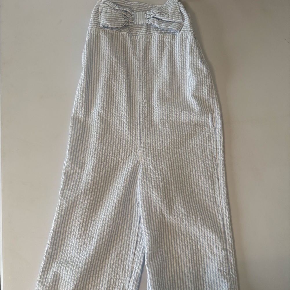 Crown & ivy Linen Blue Striped Halter Jumpsuit